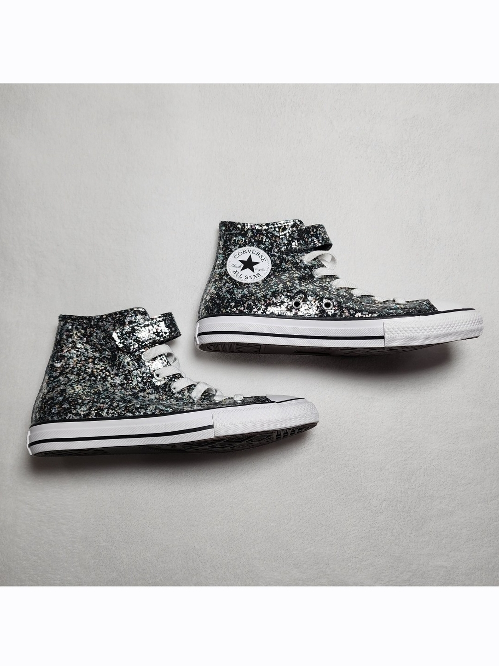 Converse Shinefetti Kids Glitter High-Top Sneakers Velcro Silver Black Easy On